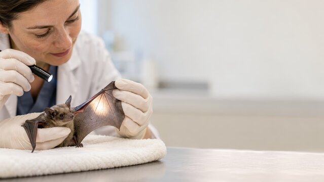 Female veterinarian examining wing of small bat with flashlight during health check in clinic setting
