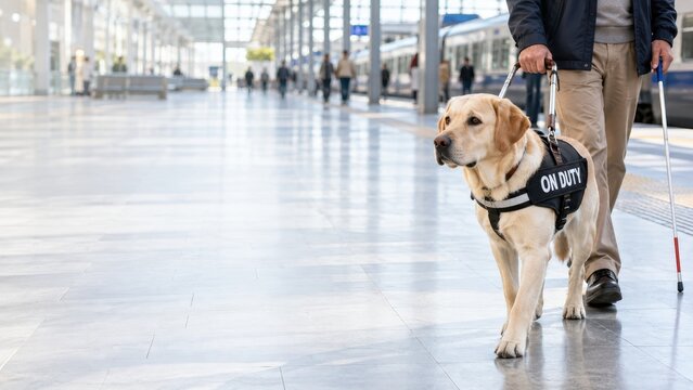 Guide dog assisting visually impaired person walking with cane in modern bright public space