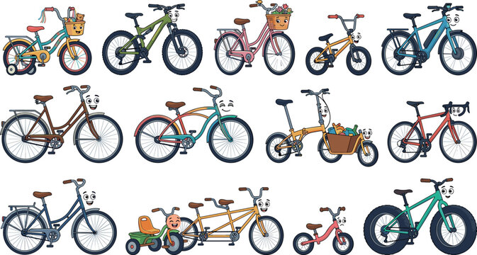 Cute kawaii bicycle vector set featuring happy cartoon characters like mountain bike road cycle tandem and kids tricycle