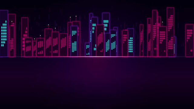 A breathtaking view of a vibrant futuristic cityscape illuminated by a dazzling neon grid and glowing lights