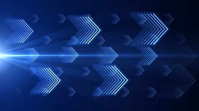 A futuristic blue neon arrow pattern with glowing lines and a dark background creating a dynamic motion effect