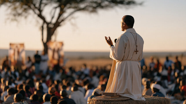 Kenyan Anglican bishop conducting open-air healing prayer service beneath acacia tree on savanna, hundreds of faithful gathered on woven grass mats in strong equatorial light as