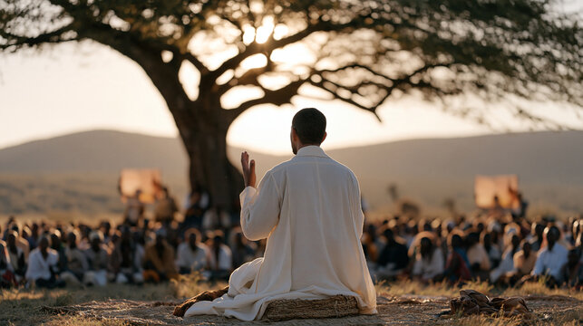 Kenyan Anglican bishop conducting open-air healing prayer service beneath acacia tree on savanna, hundreds of faithful gathered on woven grass mats in strong equatorial light as