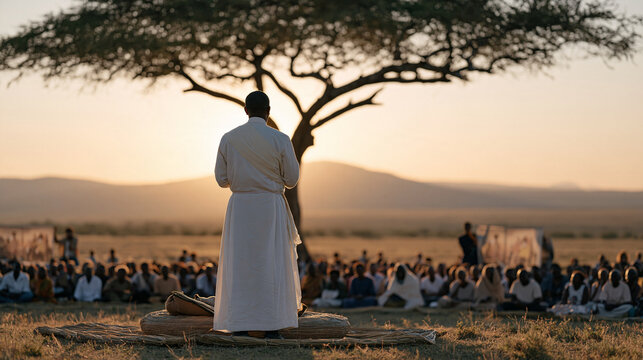 Kenyan Anglican bishop conducting open-air healing prayer service beneath acacia tree on savanna, hundreds of faithful gathered on woven grass mats in strong equatorial light as