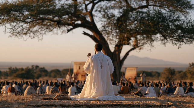 Kenyan Anglican bishop conducting open-air healing prayer service beneath acacia tree on savanna, hundreds of faithful gathered on woven grass mats in strong equatorial light as