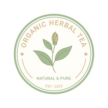 Authentic circular logo design for Organic Herbal Tea, prominently featuring a delicate plant bud and leaf, encircled by text "Natural & Pure" and "Est. 2023", emphasizing purity and freshness.