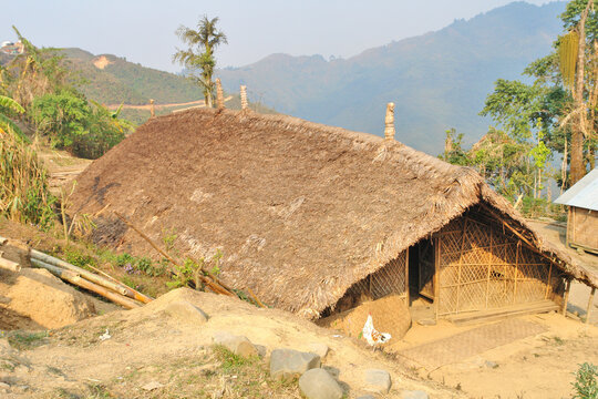The traditional Shangyu  village of the Konyak tribe, inhabiting the state of Nagaland in eastern India.