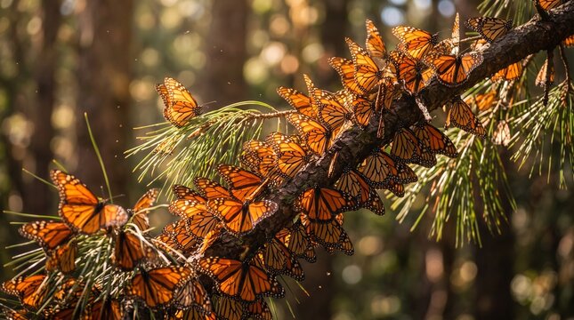 Monarch butterflies resting on pine tree branch, swarm of orange butterflies in golden forest light, nature illustration of butterfly migration