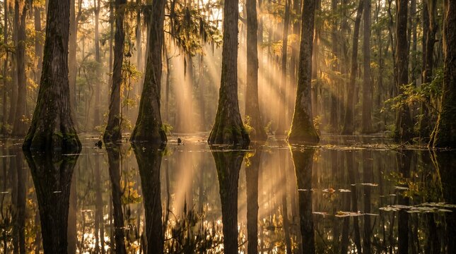 Ethereal cypress swamp landscape with golden sun rays, misty forest reflection in calm water, atmospheric bayou nature scene at sunrise
