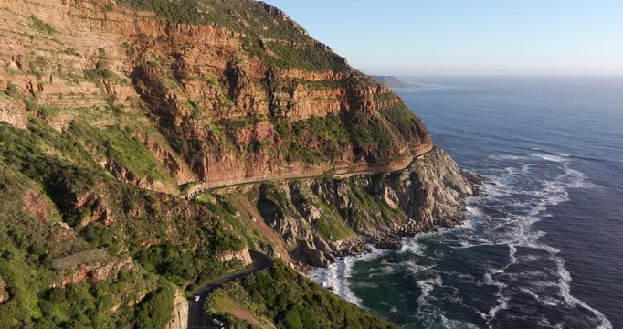 Aerial view of Chapman's Peak Drive between Noordhoek and Hout Bay in Cape Town, Western Cape, South Africa.