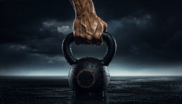 Strong arm gripping a heavy black kettlebell on a wet surface during a dark, dramatic rainy day, symbolizing intense strength training, dedication, power, and fitness motivation
