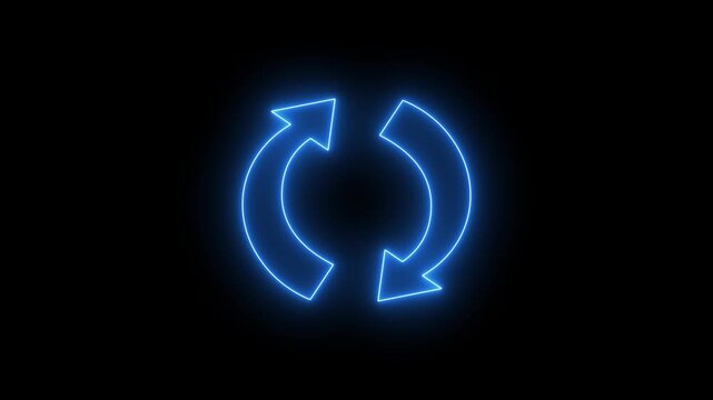 Animated blue neon circular reload arrows icon with glowing chase light. Rotating recycle sync refresh symbol loop on black background. 4K loopable loading animation.