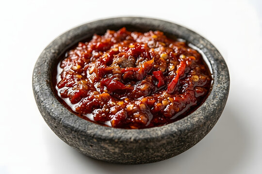 Indonesian Sambal Terasi Chili Paste in Traditional Stone Mortar