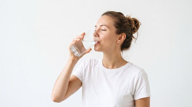 Young woman drinking fresh water from a glass isolated on a clean