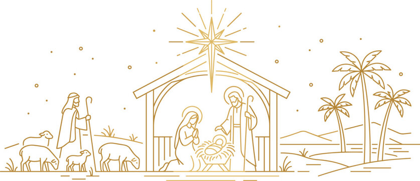 Nativity scene golden line art vector illustration featuring holy family, manger, star and desert landscape