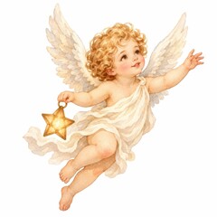 Fototapeta premium Cherub angel flying with star lantern and feathered wings