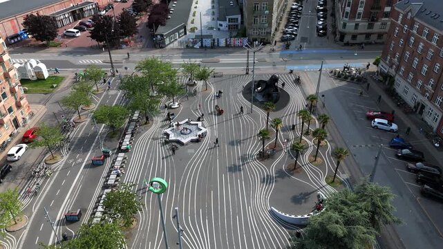Aerial view of Superkilen Park, a public park located in the N&oslash;rrebro district of Copenhagen, Denmark.	