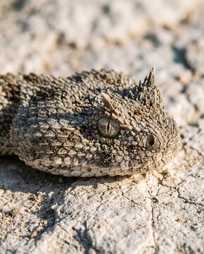 Macro portrait of a Spider-tailed horned viper showing multi-scaled horns and no loreal pits