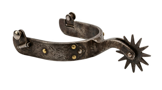 Old metal cowboy spur with a star rowel for horseback riding isolated on transparent background