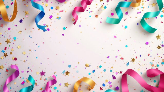 Bright party celebration confetti border on white background template
