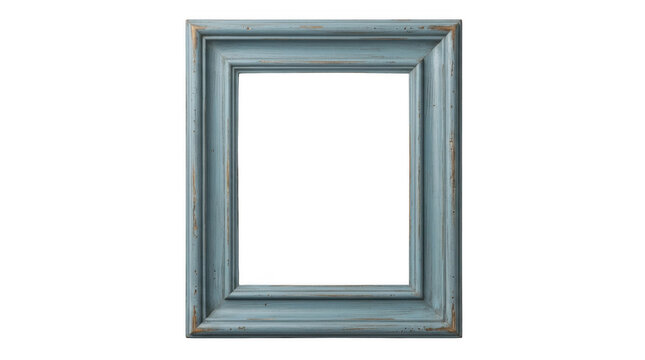 Old rustic blue wooden picture frame with distressed paint texture isolated on transparent background