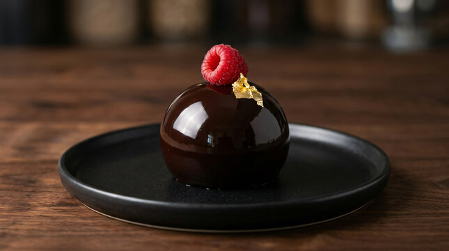 A single gourmet chocolate mousse dome dessert topped with a fresh raspberry and gold leaf on a black plate.