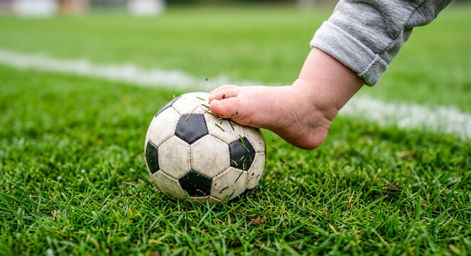 Close-up top view of a barefoot baby stepping on a classic soccer ball on a green grass pitch