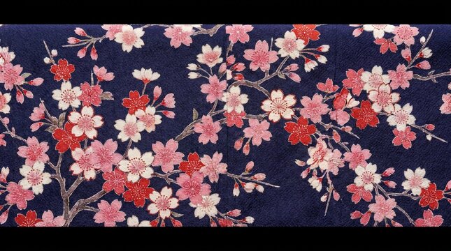 Elegant Japanese Kimono Fabric with Pink and Red Cherry Blossoms Sakura Flowers on Dark Blue Silk Textile Background Pattern