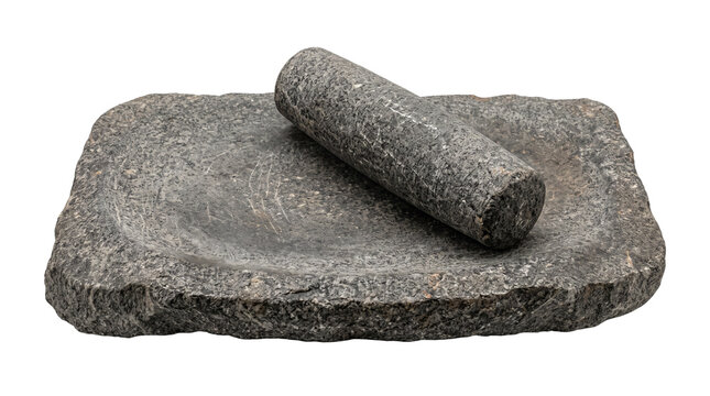 Traditional stone grinding slab with pestle, rustic volcanic rock metate, authentic grey basalt manual spice grinder for kitchen tools isolated PNG with Transparent Background