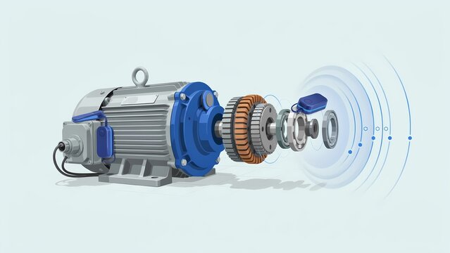 Electric motor exploded view with rotor stator copper winding and wireless IoT condition monitoring sensor vector illustration