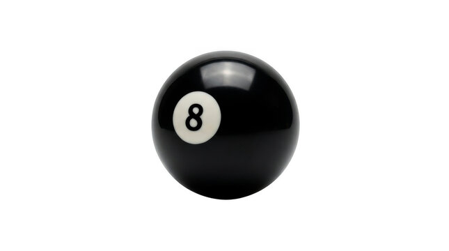 Shiny black eight ball for billiards or pool game equipment isolated on transparent background