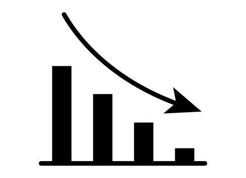 Falling bar chart graph with downward arrow representing financial decline concept isolated on background