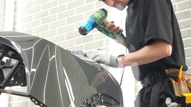 Detailer using a heat gun tool on a car bumper for final stage PPF installation, heating to securely fix edges activate the adhesive layer. Male technician completes paint protection film wrapping. 