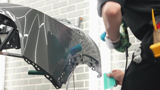 Detailer using a heat gun tool on a car bumper for final stage PPF installation, heating to securely fix edges activate the adhesive layer. Male technician completes paint protection film wrapping. 