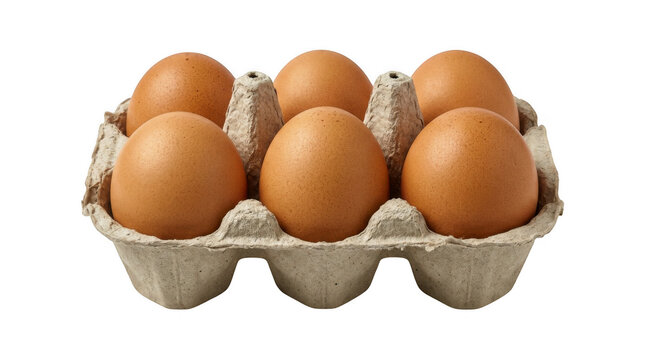 Six fresh brown chicken eggs in a cardboard carton container isolated on transparent background