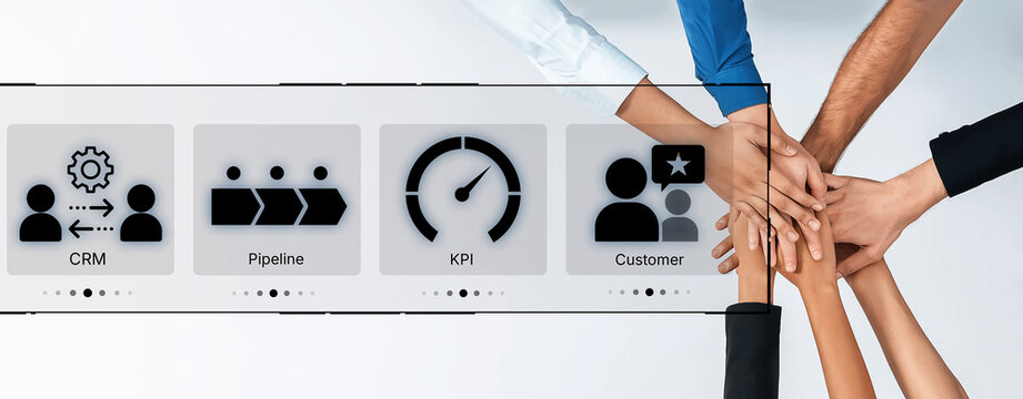 A vibrant image capturing hands stacked together, symbolizing unity and collaboration in a business setting alongside digital icons illustrating key concepts like CRM and KPI. Nascent