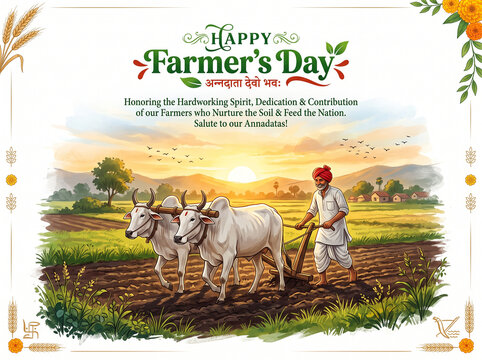Happy farmers day banner with indian farmer plowing green agricultural field with pair of white oxen at sunrise honoring hardworking annadata concept