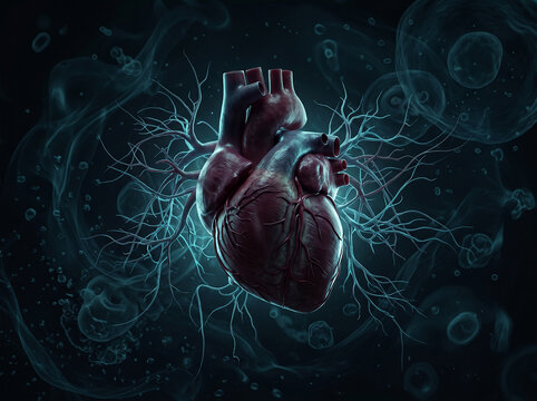 Realistic human heart anatomy with glowing vascular vessels and microscopic cellular dark background for medical cardiology healthcare science concept