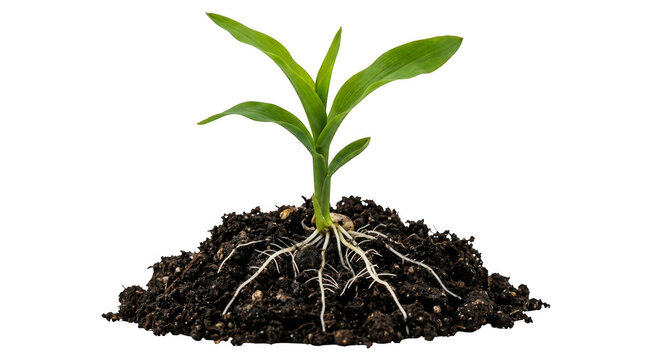 Small green plant seedling growing out of a pile of dark soil isolated on transparent background
