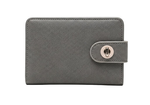Small grey leather wallet with animal print and metal clasp isolated on transparent background