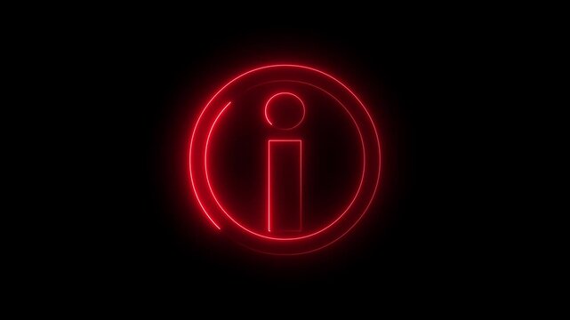Animated red neon information i icon inside double circle with glowing chase light effect. Alert important help FAQ about tutorial loop on black background. 4K loopable UI UX animation.