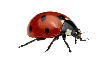 Small red ladybug with black spots walking on a flat surface isolated on transparent background © Designer