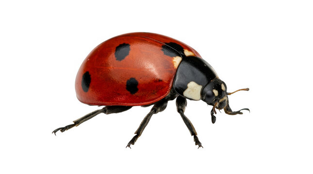 Small red ladybug with black spots walking on a flat surface isolated on transparent background