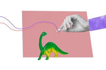 Trend artwork composite banner 3D photo collage of jurassic ancient mini toy tyrannosaurus triceratops hand hold headphones listen music © deagreez