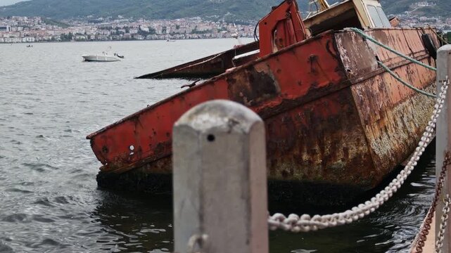 Abandoned Rusty Red Fishing Boat in Izmit Bay