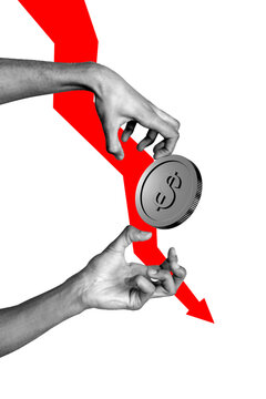 3D photo collage template trend artwork composite of two hand catch dollars coin cash currency economy trade finance inflation arrow down