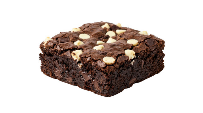 Square chocolate brownie with white chocolate chips on top isolated on transparent background