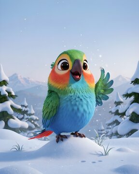 Cute 3D Rendered Colorful Baby Parrot Waving Wings In Snowy Pine Forest Winter Landscape With Snowflakes   