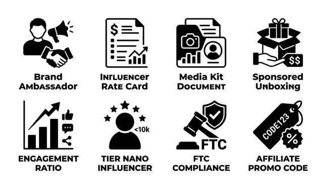 Social media marketing and influencer management icons for branding strategy and affiliate program compliance with influencer marketing branding ambassador affiliate compliance partnership