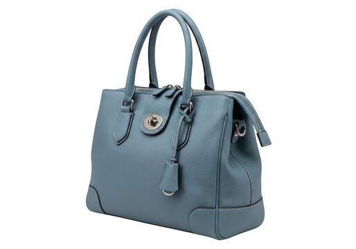 Stylish light blue leather handbag for women with gold hardware isolated on transparent background